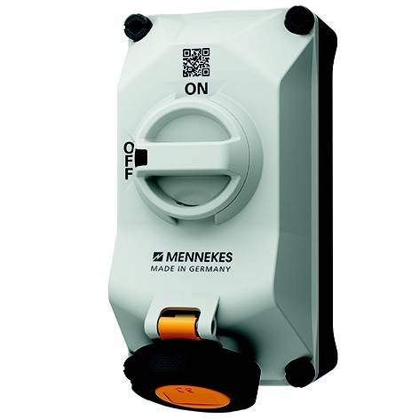 Mennekes Industrie-Elektroschalterkasten mit EIN/AUS-Drehschalter und abgedeckter Steckdose, gekennzeichnet mit „MENNEKES MADE IN GERMANY