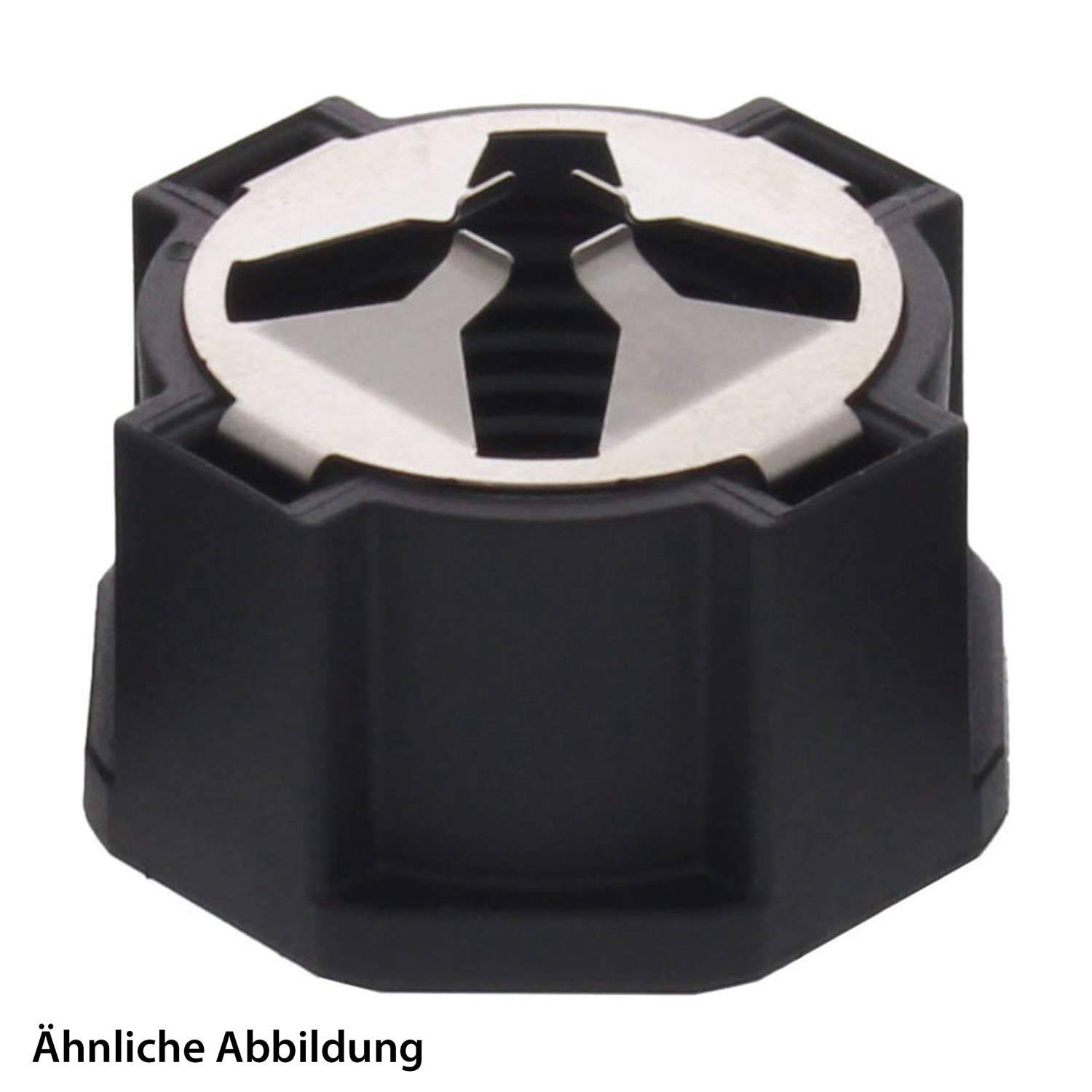 Ein schwarzer Plastik-Kontrollknopf mit silberfarbener Metallspitze und gerillten Seiten, der zur Einstellung von Geräten verwendet wird. Text lautet: „Ähnliche Abbildung.