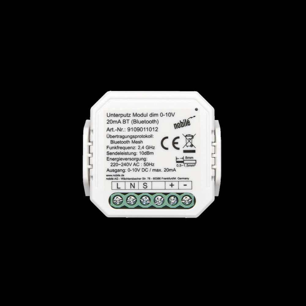Ein weißes, rechteckiges LED-Dimmermodul mit Eingangs- und Ausgangsklemmen, beschriftet mit 'Unterputz Modul dim 0-10V 20mA BT (Bluetooth)' mit technischen Spezifikationen.