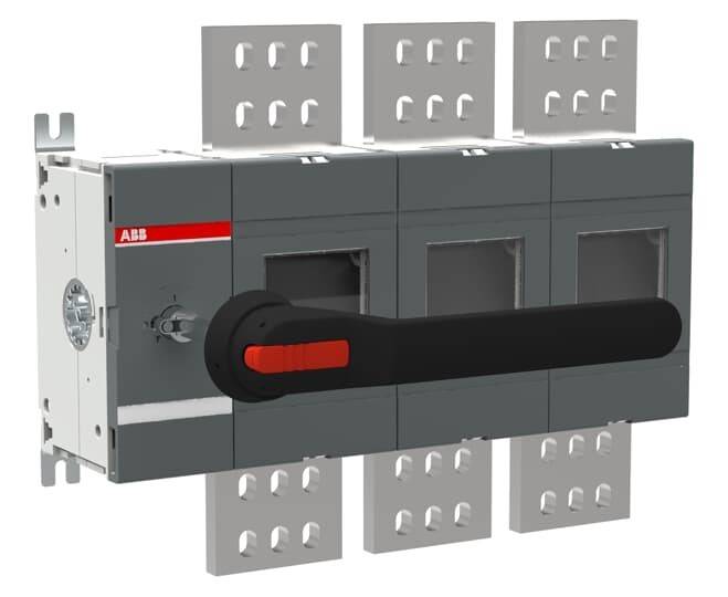 Ein grau-schwarzes Schaltgerät mit rotem und schwarzem Griff, verwendet zur elektrischen Steuerung und Schutz.