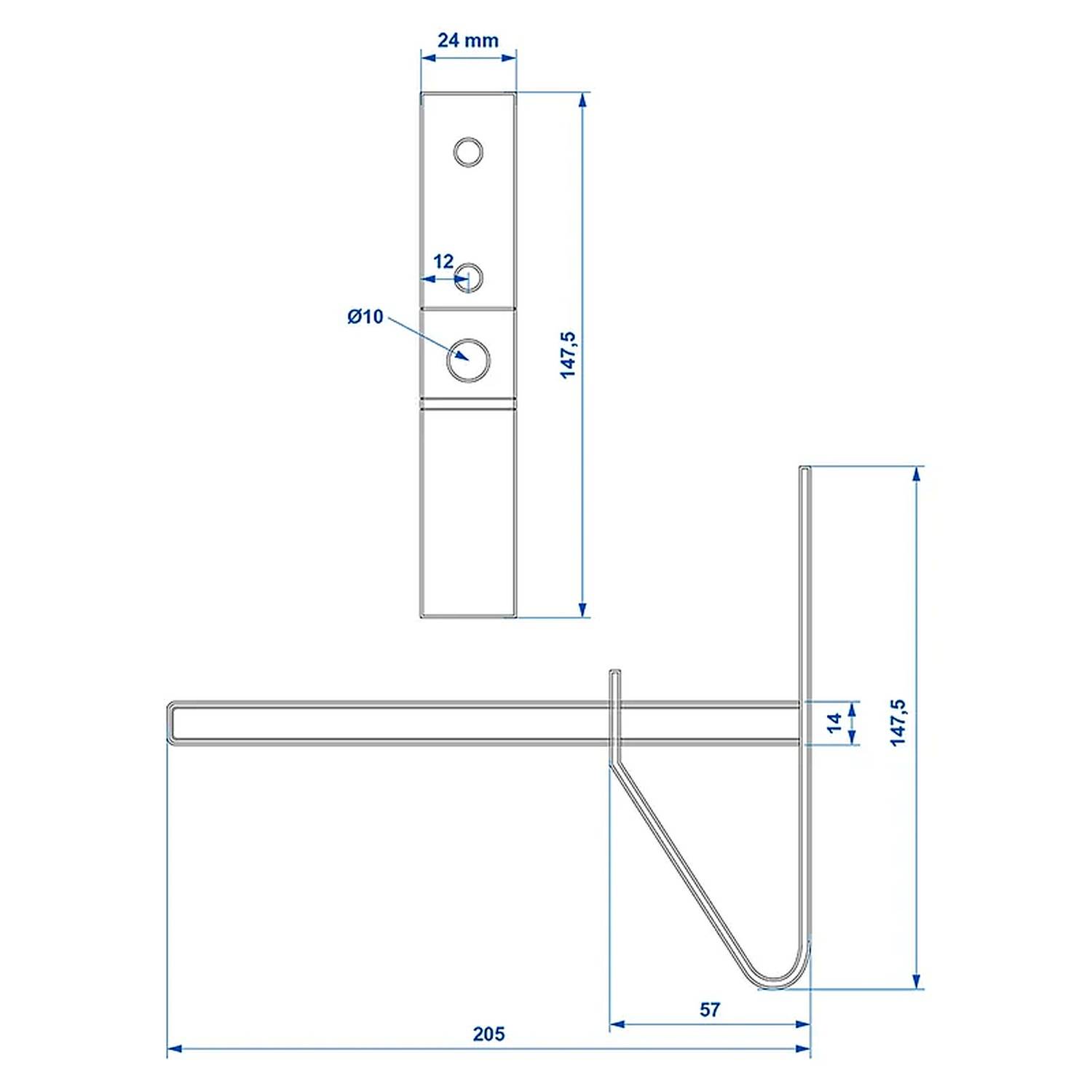Technische Zeichnung mit Abmessungen für eine Wandhalterung. Seitenansicht: Breite 205 mm, Höhe 147,5 mm, Halterungsauslage 57 mm. Frontansicht: Breite 24 mm, umfasst mehrere Messpunkte.