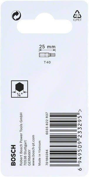 Verpackungsbild mit einer Beschriftung '25 mm T40' für Sechskantbitgröße, Maßzeichnung und Firmendetails mit einem Barcode am unteren Rand.
