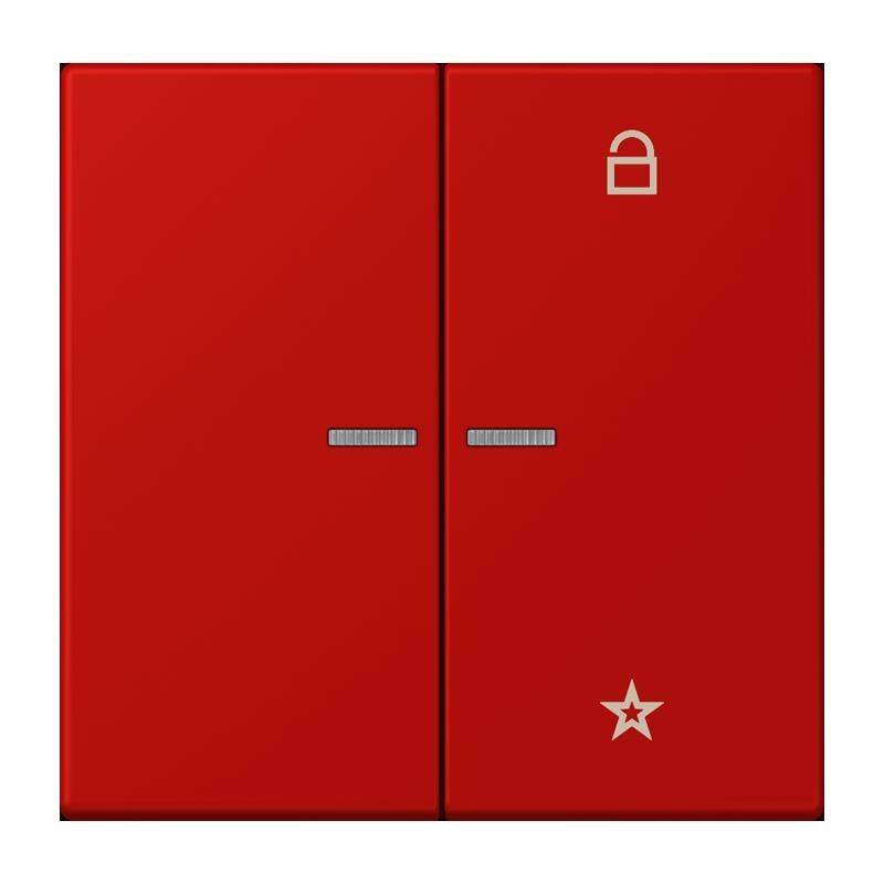 Roter Doppeltürschrank mit einem Sternsymbol in der unteren rechten Ecke und einem Schlosssymbol in der oberen rechten Ecke, was darauf hinweist, dass er gesichert ist.