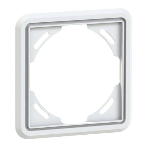 Ein weißer, quadratischer Kunststoff-Montagrahmen mit einer kreisförmigen Öffnung und vier Schraubenplätzen in den Ecken, entwickelt für die sichere Wandmontage von Geräten.