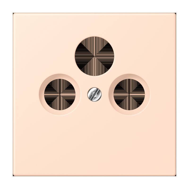 Eine beige, dreipolige Steckdosenblende mit minimalistischem Design und einer zentralen Befestigungsschraube.
