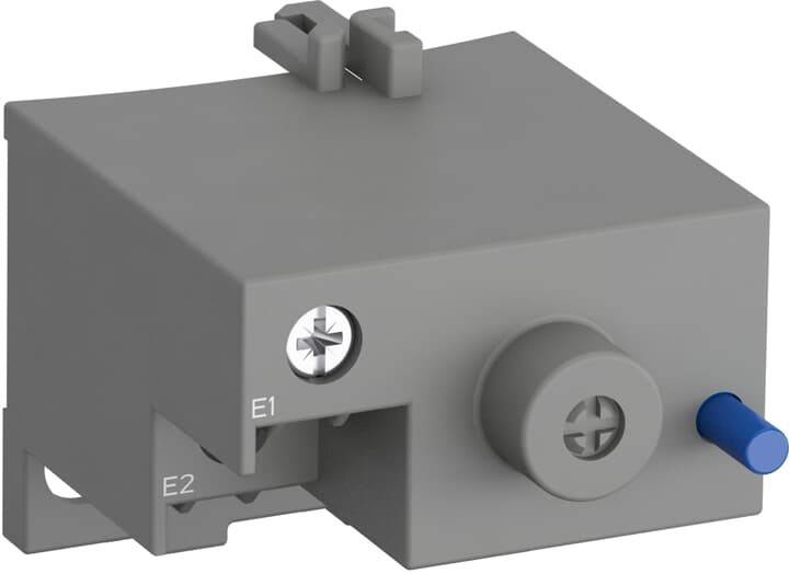 Eine graue elektrische Komponente mit einer Schraube und zwei beschrifteten Anschlüssen ‚E1' und ‚E2', wahrscheinlich zum Befestigen oder Montieren in einem System verwendet.