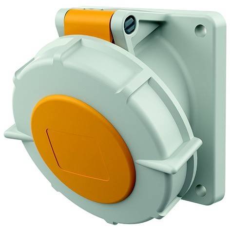 Industrielle wandmontierte elektrische Steckdosenschutzabdeckung in Hellgrau mit orangefarbiger Mitte und oberer Verriegelung auf quadratischer Grundfläche.