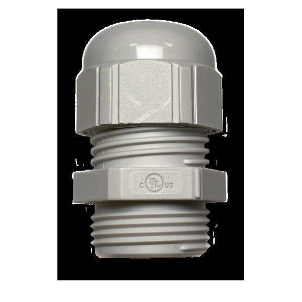 Graue Plastik-Kabelverschraubung mit sechseckigem Griff und Gewindegehäuse, gekennzeichnet mit einem UL-Zertifizierungslogo.