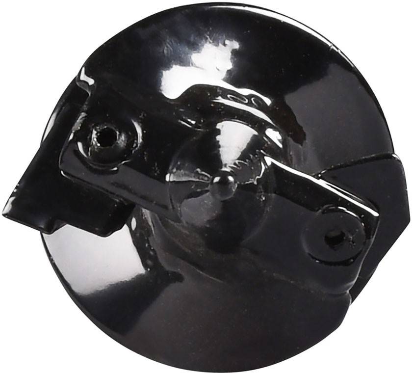 Ein Nahaufnahme-Bild eines glänzenden, schwarzen kreisförmigen Metallobjekts mit einer reflektierenden Oberfläche und ein paar Befestigungspunkten an der Seite.