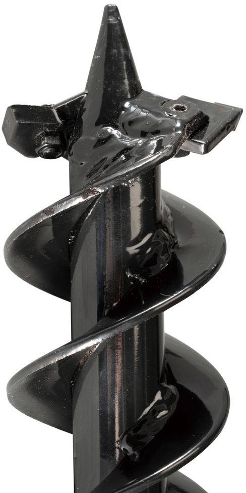 Nahaufnahme eines glänzenden, schwarzen Metallbohrers mit Spiraldesign, der für schwere Bohrarbeiten in Bau- und Industrieumgebungen verwendet wird.