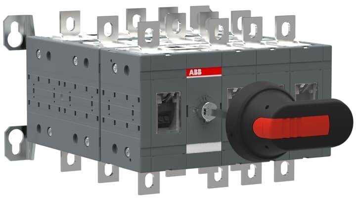 Eine graue elektrische Schalteinheit mit einem schwarzen und roten Griff, mit Firmenlogo auf der Oberseite und mehreren Metallverbindern an den Seiten.