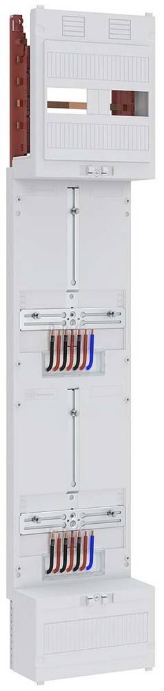 Ein grauer Elektrokasten mit mehreren farbigen Kabeln (schwarz, braun, rot und blau), die in der Mitte angeschlossen sind und eine Versorgungsleitung andeuten.