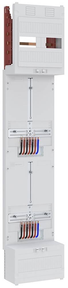 Ein weißes Elektroverteilerkästchen mit fünf farbigen Kabeln, die herunterhängen und die interne Verkabelungsanordnung zeigen.