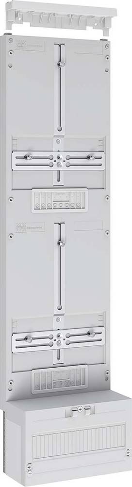 Ein geschlossener, weißer Elektroverteilerschrank mit mehreren Schaltern und einem zentralen Hauptschalter, der für die sichere Stromverteilung konzipiert ist.