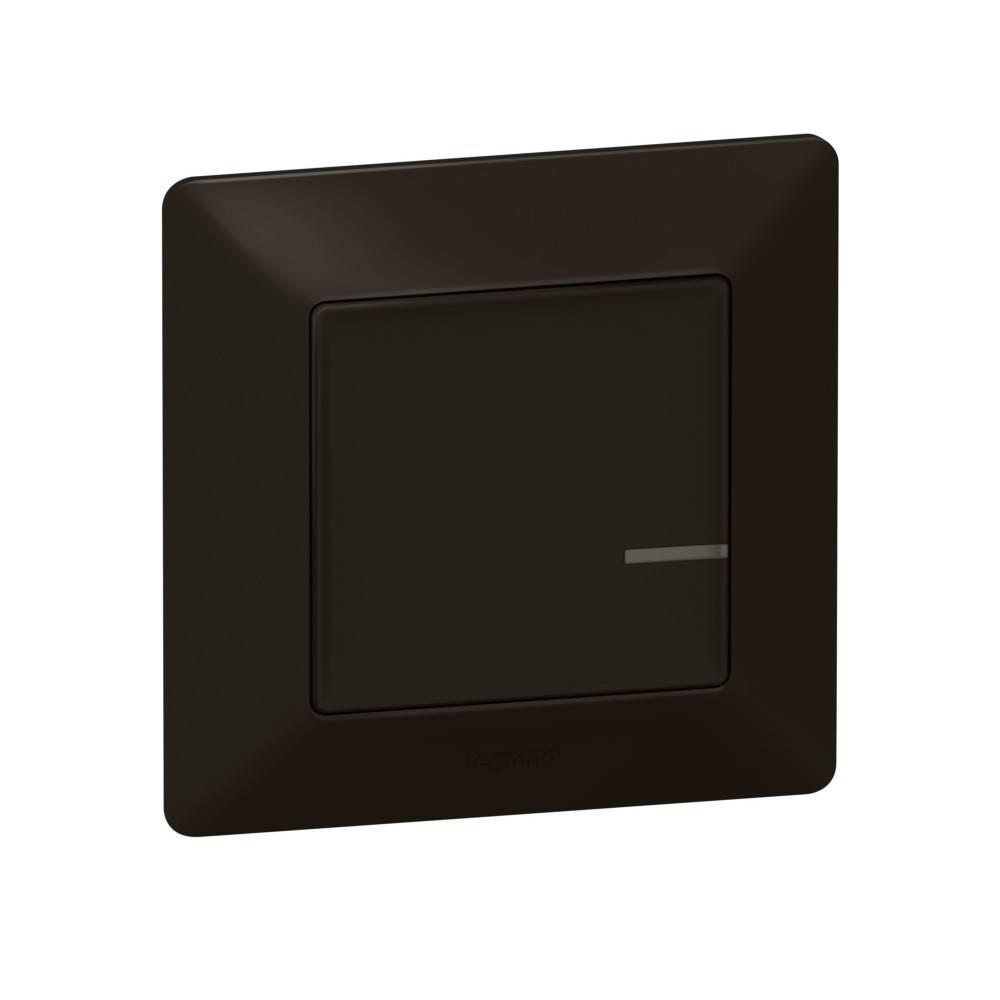 Ein schwarzer quadratischer Lichtschalter auf einem einfarbigen Hintergrund.