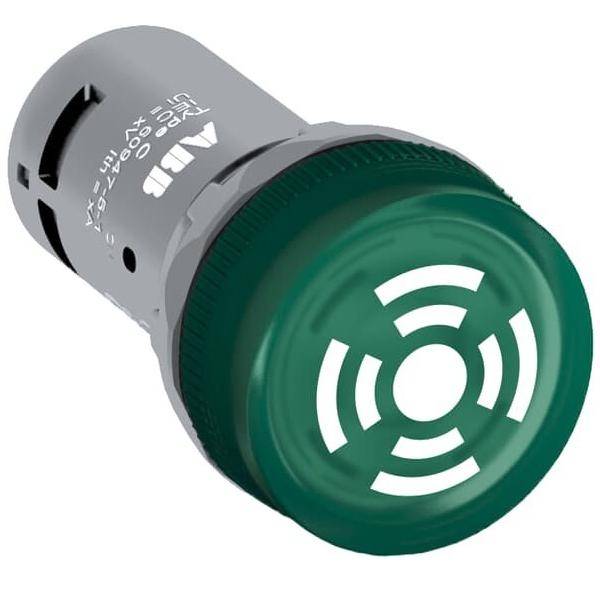 Grüne LED-Anzeigelampe mit Soundalarmfunktion, mit gemustertem Design auf der Linse, geeignet für industrielle Steuerungstafeln.
