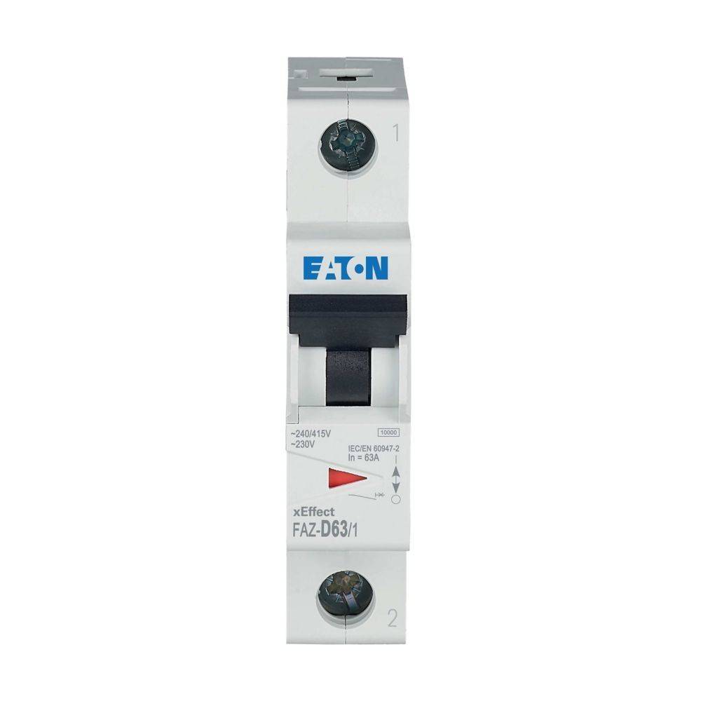 Eaton FAZ-D63/1 Leitungsschutzschalter, bemessen mit 240/415V, 63A, Frontansicht mit Schalter und Beschriftung für elektrische Sicherheit.