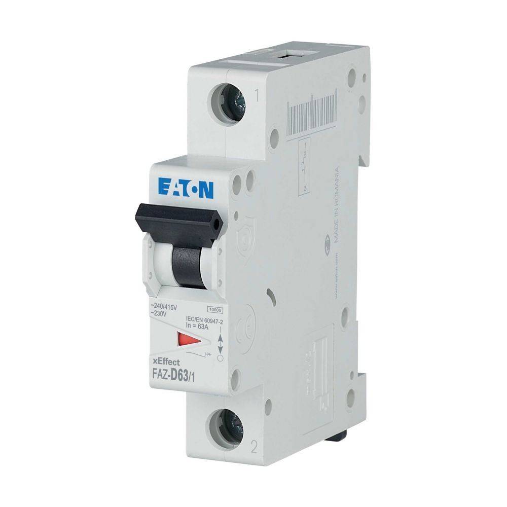 Eaton FAZ-D63/1 Leistungsschalter, der in elektrischen Verteilerkästen zur Sicherheit eingesetzt wird und Einschalt-/Ausschalter sowie Produktkennzeichnung zeigt.