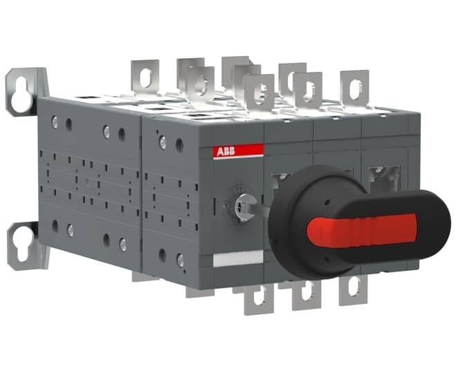 Ein modulares elektrisches Schaltgerät mit mehreren Anschlusspunkten und einem großen roten und schwarzen Griff an der Vorderseite zur manuellen Bedienung.