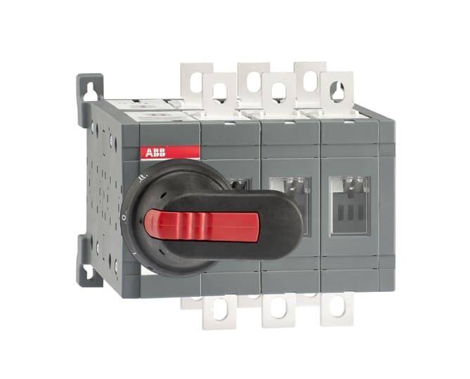 ABB-Marken-Elektroschalter mit rotem und schwarzem Griff, für den industriellen Einsatz konzipiert, mit Anschlussklemmen an der Oberseite.