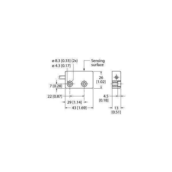 Technisches Diagramm eines Sensors mit Messungen in Millimetern und Zoll. Beschriftet mit 'Sensoroberfläche' mit detaillierten Dimensionsangaben.