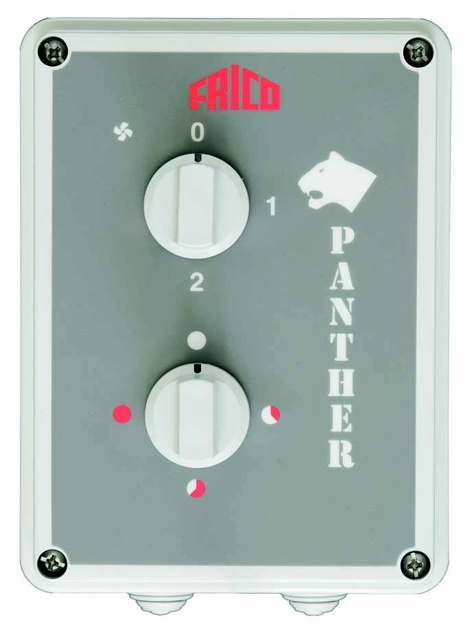 FRICO'-Panel mit zwei Kontrollknöpfen, beschriftet mit '0, 1, 2,' und einem Panther-Symbol.