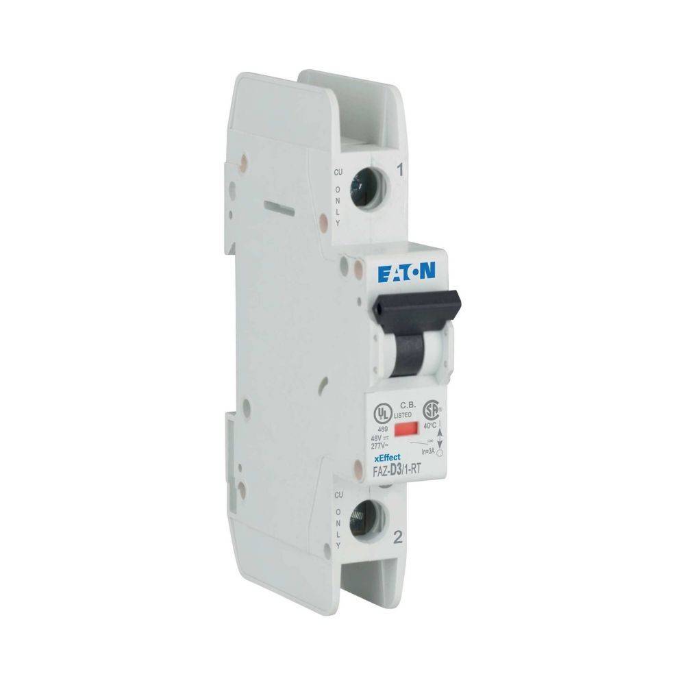 Ein weißer Eaton-Leistungsschalter mit einem schwarzen Schalter, Modell FAZ-D3/1-RT, gekennzeichnet für 277 VAC und 50/60 Hz, ausgelegt für elektrische Schaltkreise.