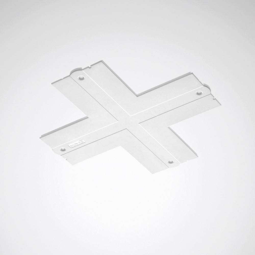 Ein weißer, flacher, X-förmiger Schienenschnellverbinder auf einem einfarbigen Hintergrund, der dazu dient, Schienenlichtschienen in einem Deckenbeleuchtungssystem zu verbinden.