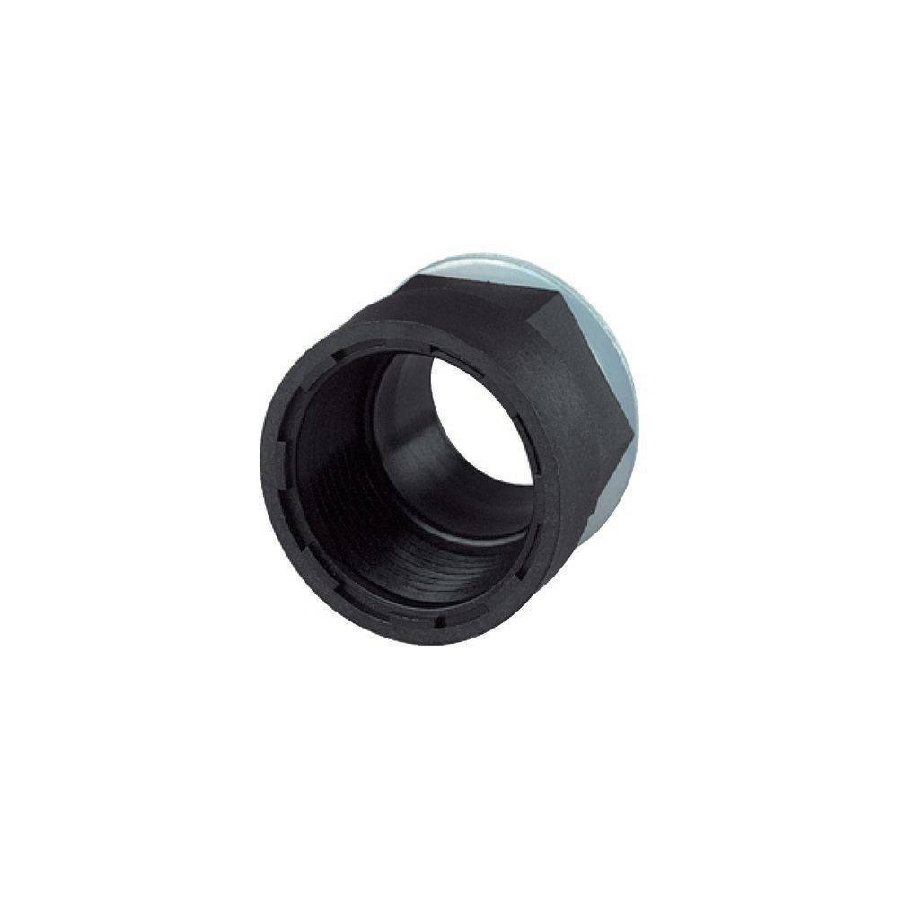 Eine schwarze Rohrkupplung aus Klempnermaterial mit Innengewinde, konzipiert für die Verbindung von PVC-Rohren in Sanitärinstallationen.