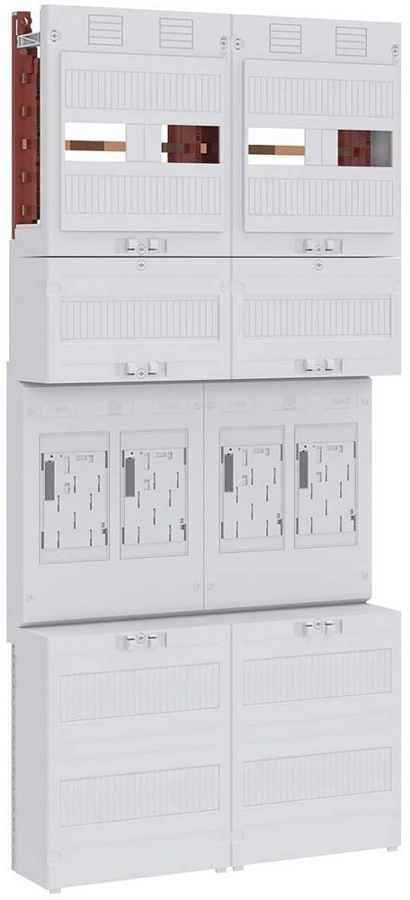 Ein weißes Elektroverteilerschrank mit mehreren Fächern und Schlüsselschlössern, in vertikaler Anordnung aufgestellt.