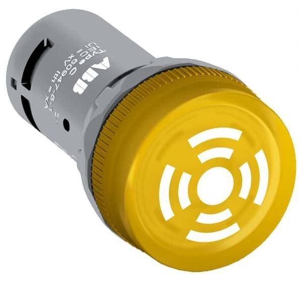 Gelber industrieller Alarmsummer mit Belüftungslöchern und grauer Basis, hergestellt von AID, Modell AL-91, für Maschinenwarnungen oder -signale.