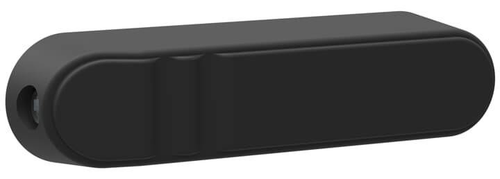 Eine schwarze rechteckige Box mit einer zylindrischen Erweiterung an einer Seite.