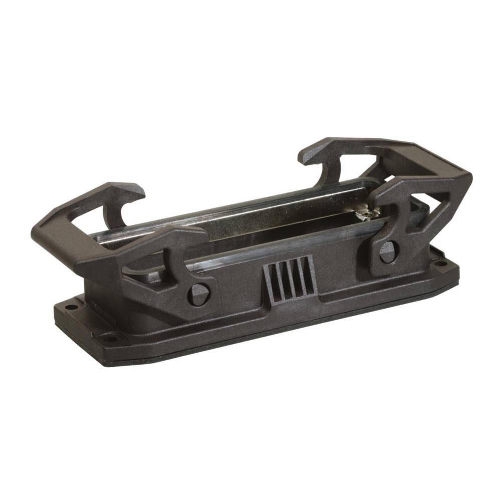 Schwarze Schienenmontage für Laserlaufrohreinschuss, verstellbare Klemmarme, robuste Konstruktion für präzise Ausrichtung, geeignet für Schusswaffen.