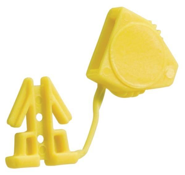 Ein gelber Plastikclip mit einem dreieckigen Kopf und einem flexiblen Arm, der an einer Basis befestigt ist und dazu dient, Gegenstände sicher zu halten.