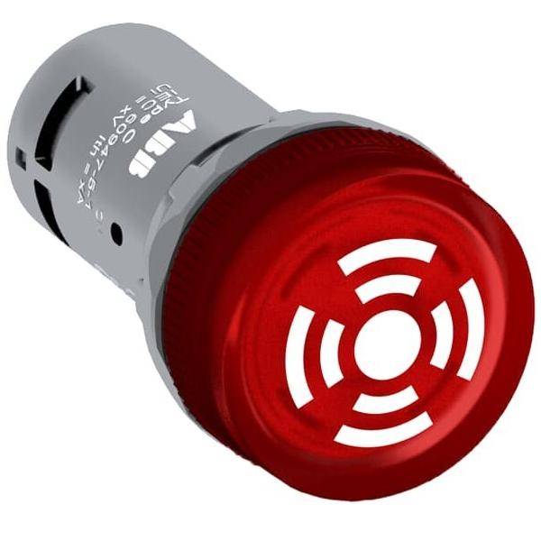 Roter Notfall-Alarmindikator mit weißen Kreis- und Radialmuster, mit der Beschriftung 'ABB' auf einem grauen Gehäuse, typischerweise verwendet für Sicherheitswarnungen.