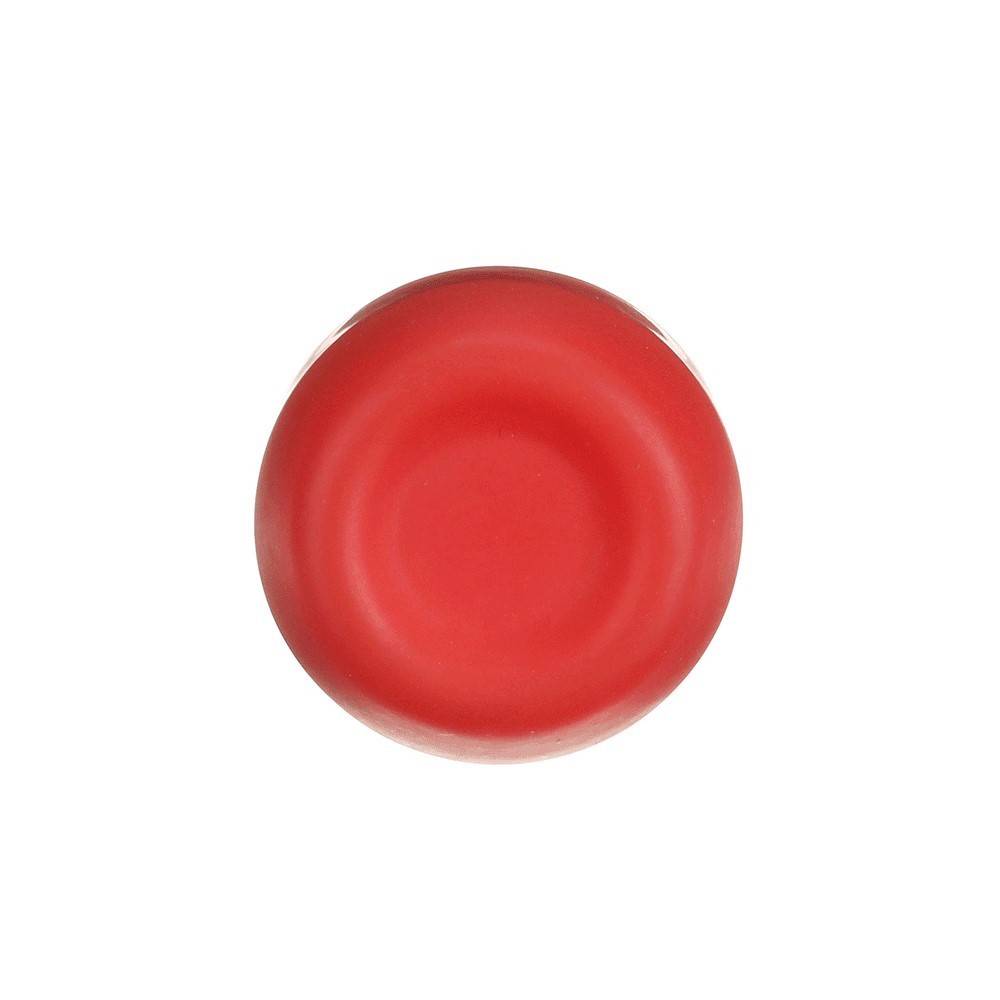 Ein roter kreisförmiger Knopf, von oben betrachtet, vor einem einfarbig weißen Hintergrund.