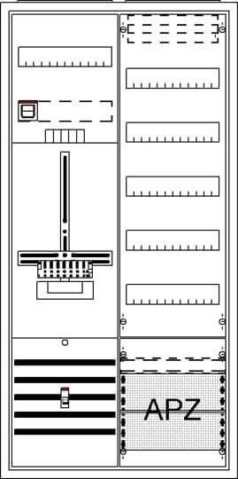Ein Diagramm einer elektrischen Verteilerdose mit gekennzeichneten Abschnitten für Sicherungsautomaten rechts und einem Hauptschalter links.