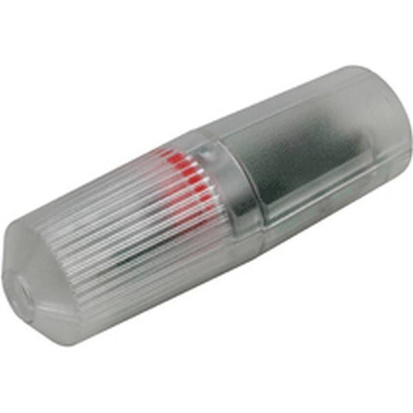 Ein zylindrischer, transparenter Stecker mit gerilltem Griff, der zu einem roten, isolierten Draht führt. Typischerweise wird er für elektrische Verbindungen verwendet.