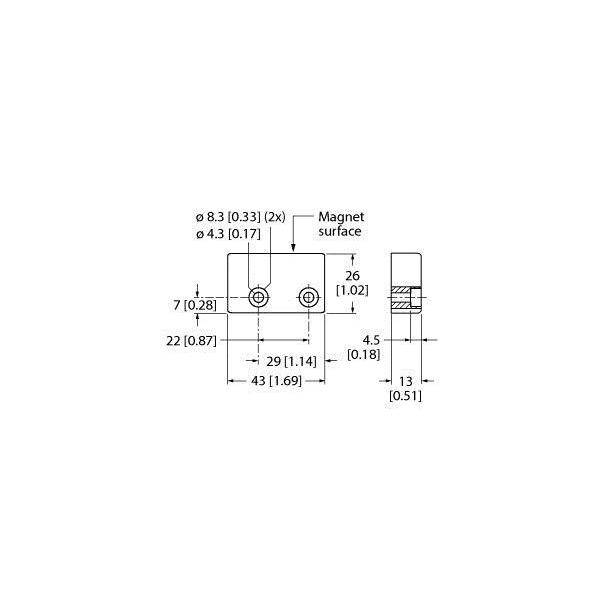 Technische Zeichnung mit Abmessungen: Durchmesser 8,3 mm, 4,3 mm; Länge 22, 29, 43 mm; Höhe 4,5, 13 mm. Magnetoberfläche dargestellt.