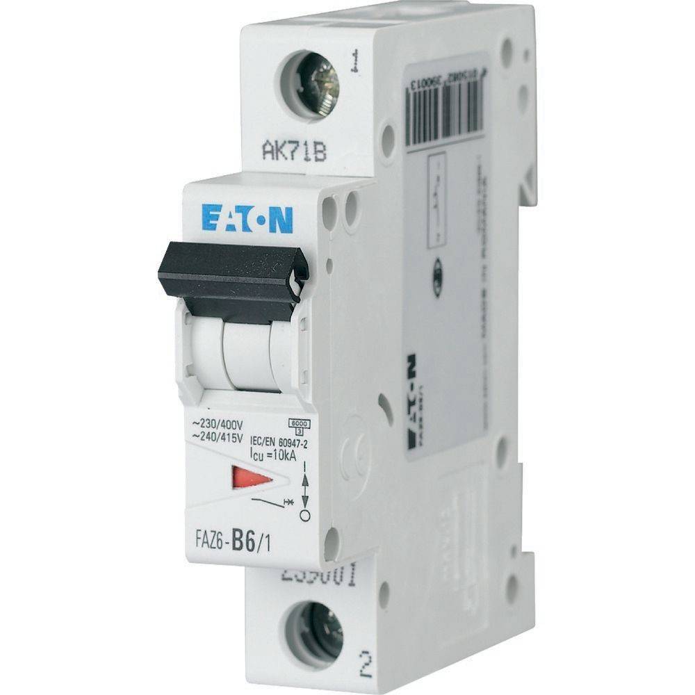 Eaton Leitungsschutzschalter FAZ6-B6/1, mit schwarzem Schalter und weißem Gehäuse, konzipiert für elektrischen Leitungsschutz bis zu 400V.