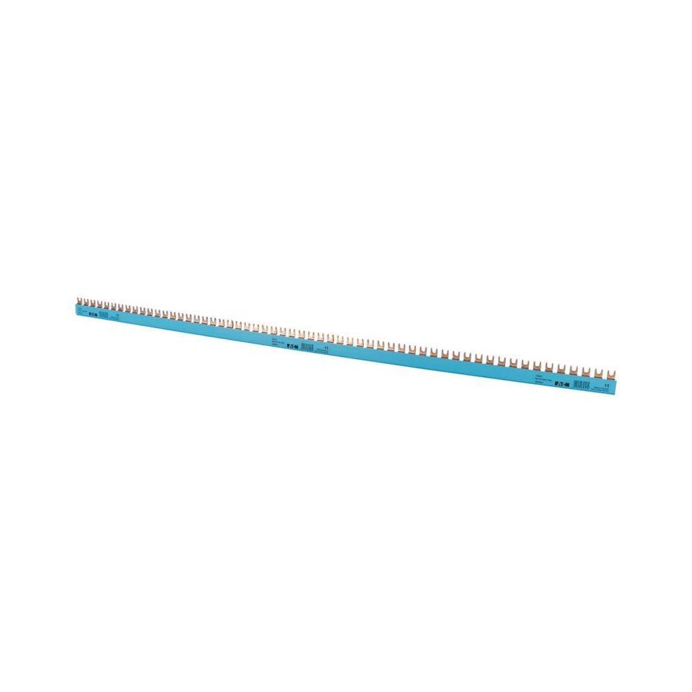Eine blaue elektrische Sammelschiene mit abgestuften metallischen Kontakten, die zur Stromverteilung in einer elektrischen Schaltanlage oder einem System ausgelegt ist.