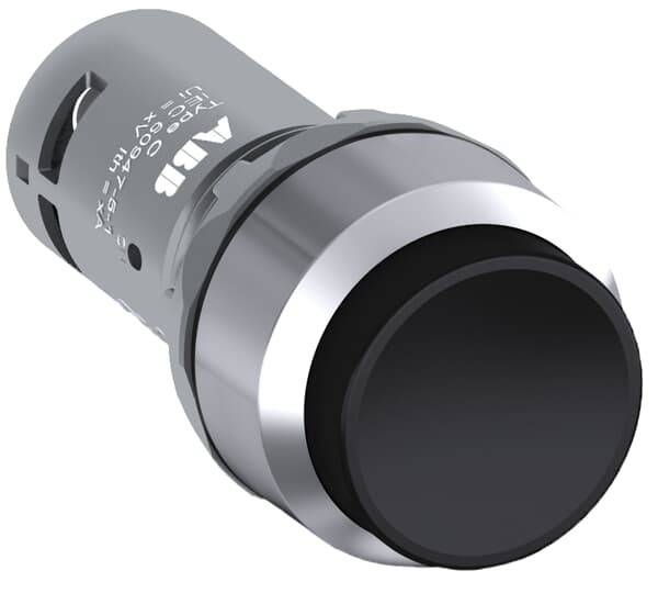 Ein großer, metallischer Drucktaster mit silbernem Ring und schwarzem Knopf. Er erscheint robust und für industrielle Anwendungen geeignet.