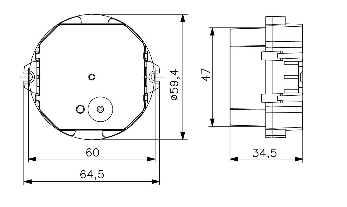 Technische Zeichnung mit Abmessungen eines kreisförmigen Objekts mit Seitenansicht-Detail. Frontdurchmesser beträgt 59,4 mm und Tiefe 34,5 mm.