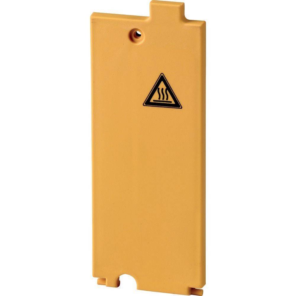 Ein gelbes Warnschild mit einem schwarzen Dreieck, das steigende Hitzelinien zeigt und vor einer heißen Oberfläche warnt.