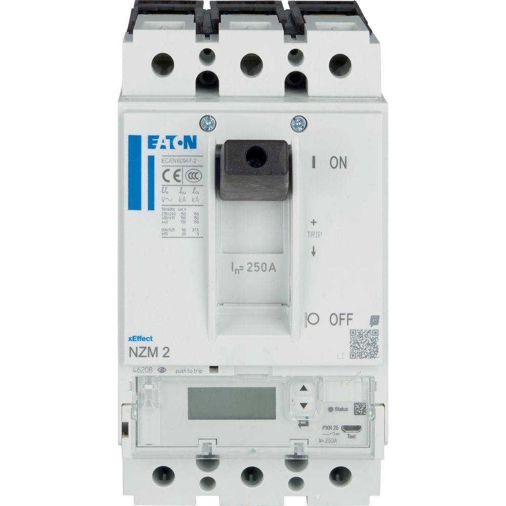 Eaton NZM 2', ein 250A-Leistungsschalter mit rechteckigem Design, ausgestattet mit 'I EIN'- und 'O AUS'-Schalterindikationen und einem digitalen Display.