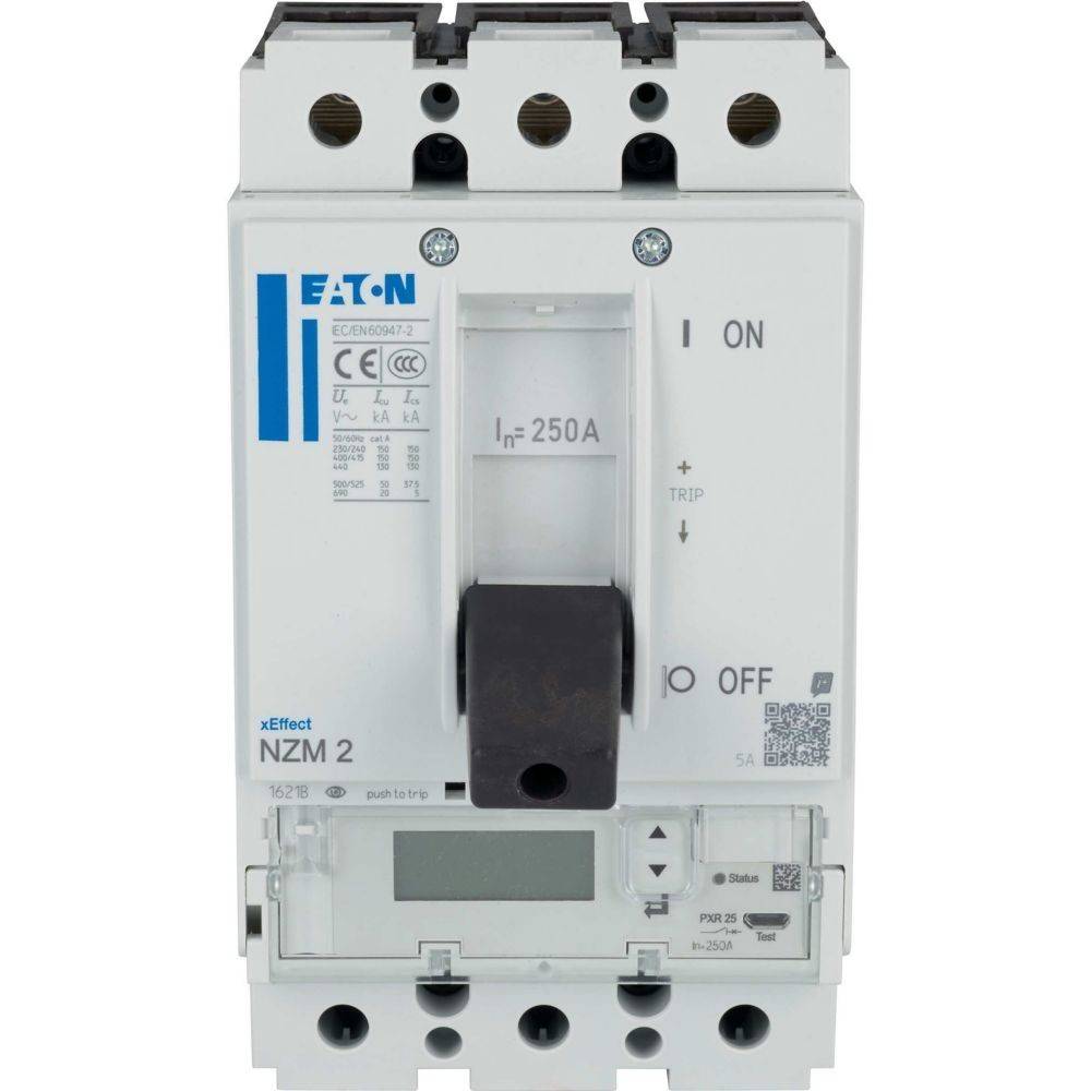 Eaton NZM 2 250A Leistungsschalter, mit ON- und OFF-Beschriftung, Testknopf und digitaler Anzeige am unteren Rand; verwendet für elektrische Sicherheit.