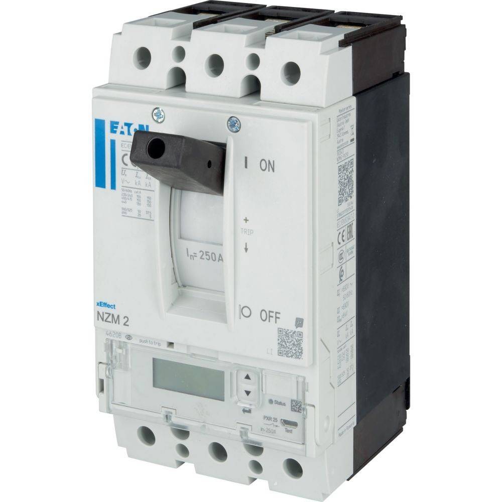 Ein Sicherungsautomat mit einem Schalter, der die Positionen 'EIN' und 'AUS' anzeigt, beschriftet mit '250 A', verwendet zur elektrischen Steuerung und Schutz.