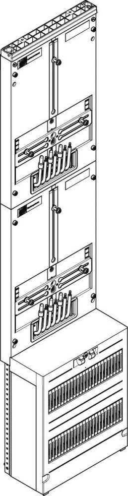 Darstellung eines Bedienfelds mit Schaltern und Anschlüssen, das ein rechteckiges Layout mit mehreren Steckdosen und einem vertikalen Griff in der Mitte aufweist.