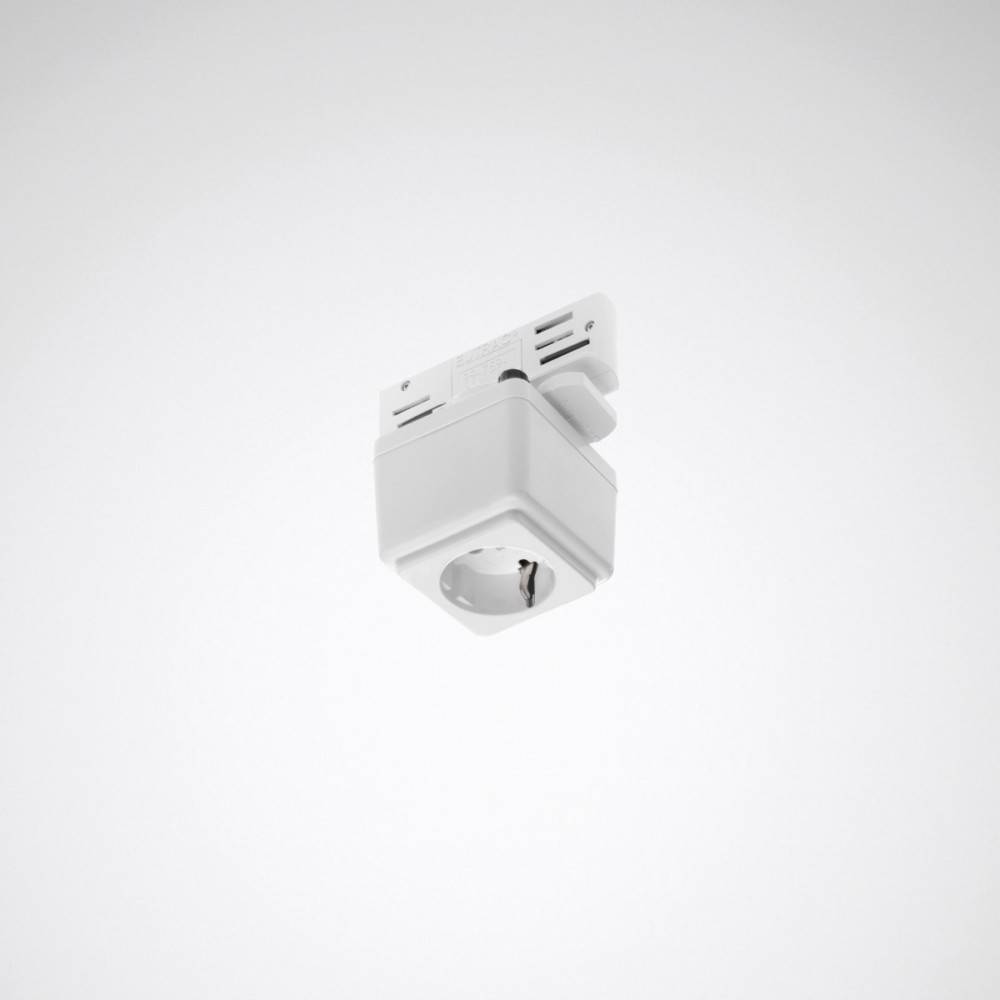 Ein weißer elektrischer Steckdosenadapter mit mehreren Steckdosenbuchsen, der vor einem einfarbigen Hintergrund gezeigt wird und für vielseitige Stromverbindungen vorgesehen ist.