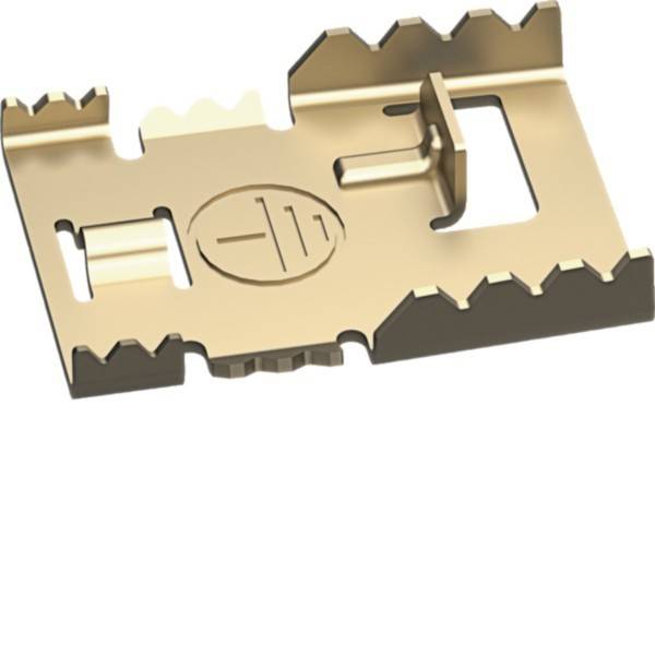 Metallbatteriekontaktklip mit einem zentralen erhabenen Symbol, isoliert auf weißem Hintergrund dargestellt.